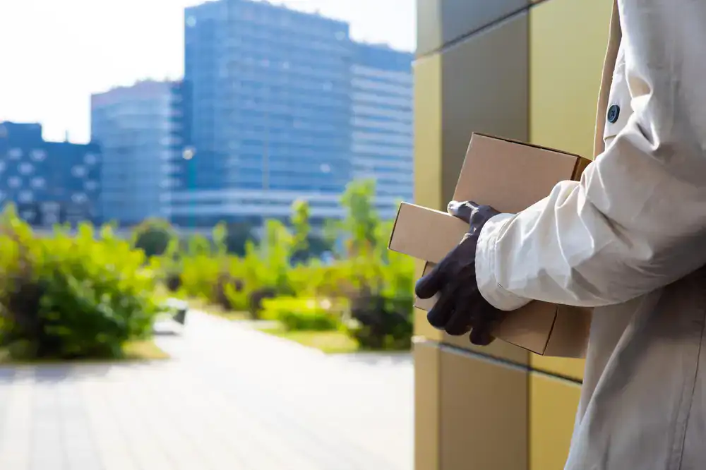 Courier carrying a parcel bundle in front of a modern office building
